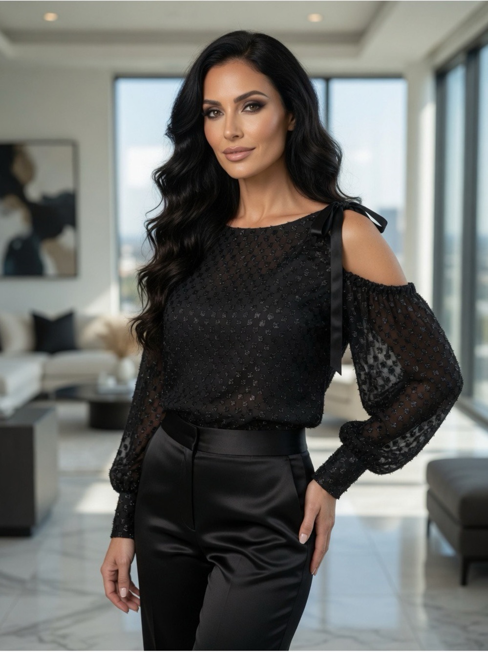 Elegant Black Cold-Shoulder Sheer Dot Blouse with Shoulder Tie